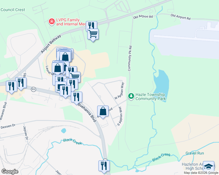 map of restaurants, bars, coffee shops, grocery stores, and more near 225 N Appian Way in Luzerne