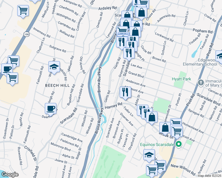 map of restaurants, bars, coffee shops, grocery stores, and more near 260 Garth Road in Scarsdale