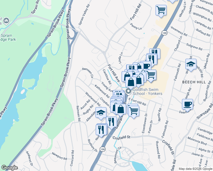 map of restaurants, bars, coffee shops, grocery stores, and more near 92 Young Avenue in Yonkers