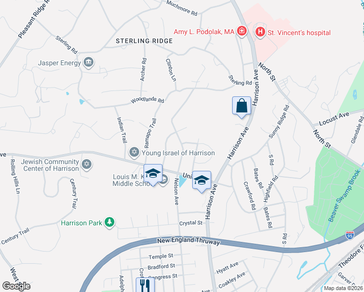 map of restaurants, bars, coffee shops, grocery stores, and more near 15 Genesee Trail in Harrison