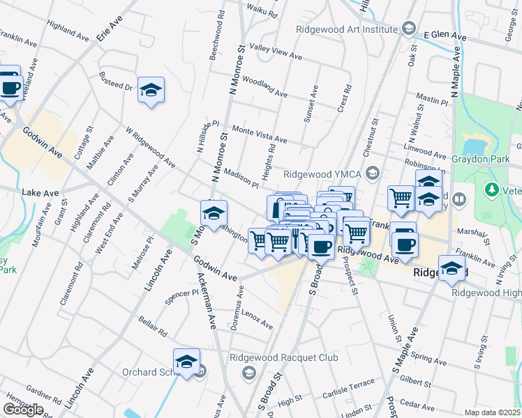 map of restaurants, bars, coffee shops, grocery stores, and more near 109 West Ridgewood Avenue in Ridgewood
