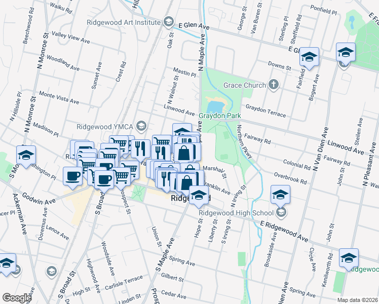 map of restaurants, bars, coffee shops, grocery stores, and more near 110 North Maple Avenue in Ridgewood