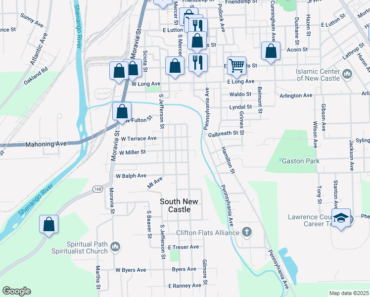 map of restaurants, bars, coffee shops, grocery stores, and more near 1614 Morris Street in New Castle