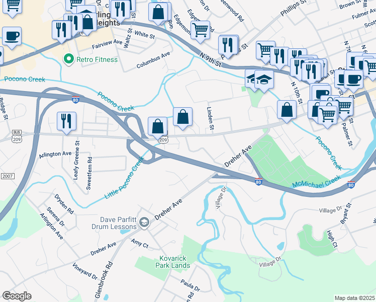 map of restaurants, bars, coffee shops, grocery stores, and more near 25 Garden Street in Stroudsburg