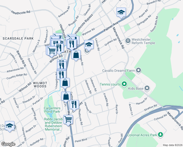 map of restaurants, bars, coffee shops, grocery stores, and more near 42 Fayette Road in Scarsdale
