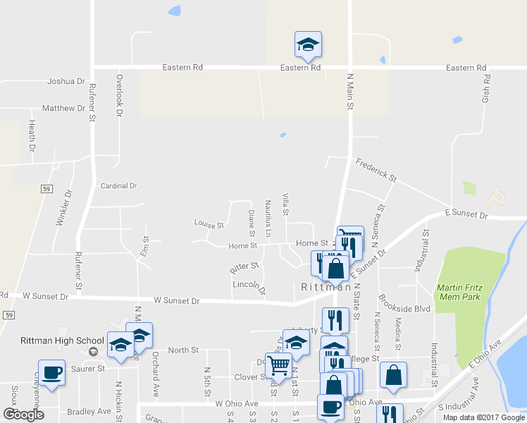 map of restaurants, bars, coffee shops, grocery stores, and more near 321 Nautilus Ln in Rittman