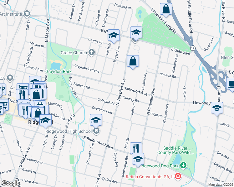 map of restaurants, bars, coffee shops, grocery stores, and more near 489 Fairway Road in Ridgewood