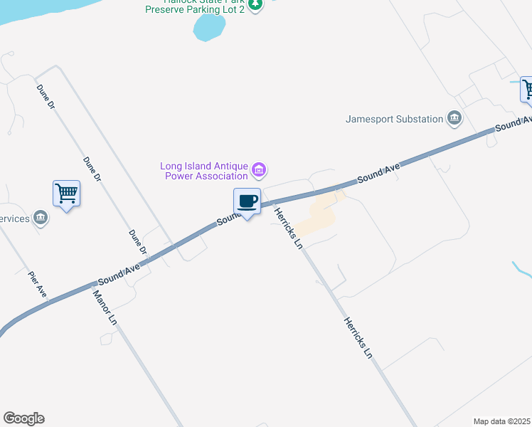 map of restaurants, bars, coffee shops, grocery stores, and more near 5925 Sound Avenue in Riverhead