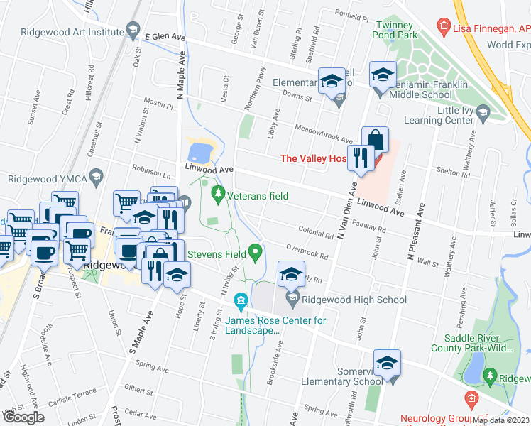 map of restaurants, bars, coffee shops, grocery stores, and more near 397 Colonial Road in Ridgewood