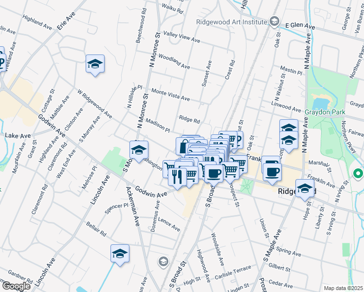 map of restaurants, bars, coffee shops, grocery stores, and more near 109 West Ridgewood Avenue in Ridgewood