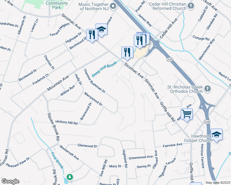 map of restaurants, bars, coffee shops, grocery stores, and more near 300 Merrywood Drive in Wyckoff