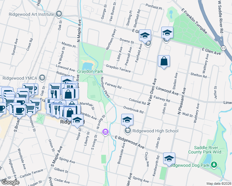 map of restaurants, bars, coffee shops, grocery stores, and more near 397 Colonial Road in Ridgewood