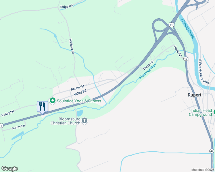 map of restaurants, bars, coffee shops, grocery stores, and more near 220 Valley Rd in Bloomsburg