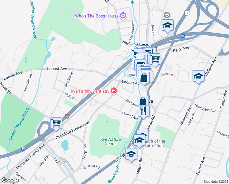 map of restaurants, bars, coffee shops, grocery stores, and more near 130 Theodore Fremd Avenue in Rye