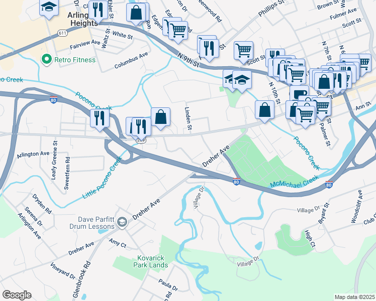 map of restaurants, bars, coffee shops, grocery stores, and more near 54 Garden Street in Stroudsburg
