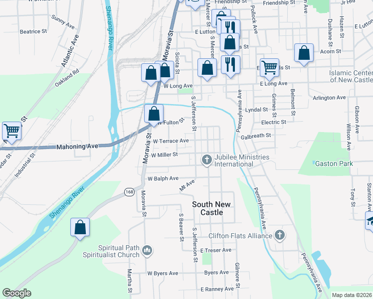 map of restaurants, bars, coffee shops, grocery stores, and more near 14 West Miller Street in New Castle