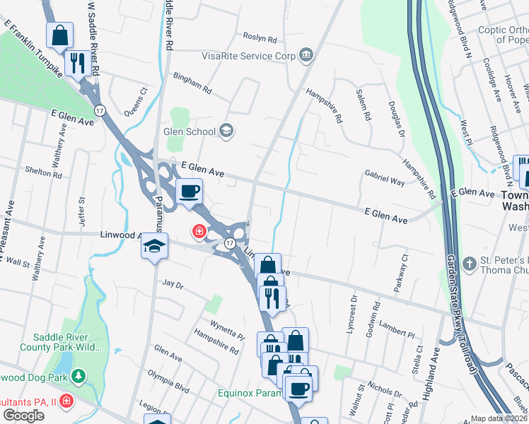 map of restaurants, bars, coffee shops, grocery stores, and more near 10 Theyken Place in Ridgewood