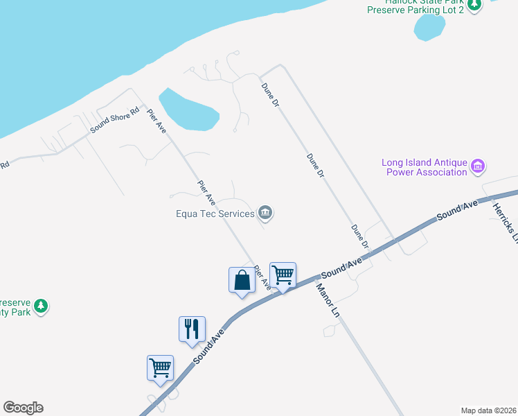 map of restaurants, bars, coffee shops, grocery stores, and more near 63 Halsey Road in Riverhead