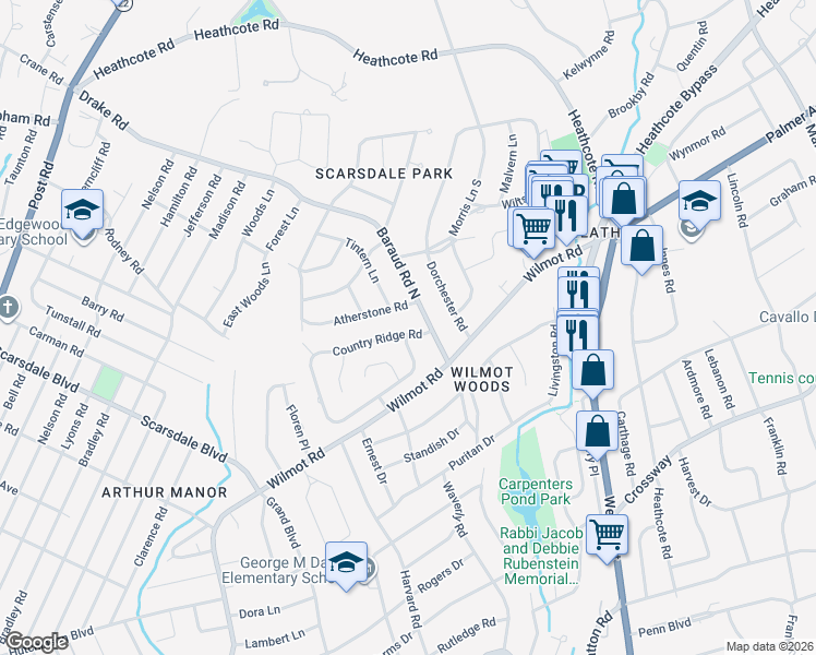 map of restaurants, bars, coffee shops, grocery stores, and more near 17 Country Ridge Road in Scarsdale