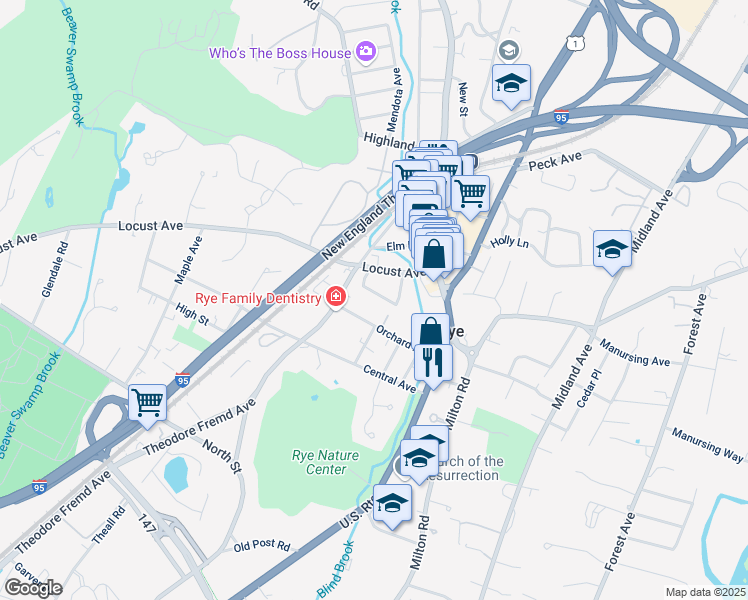 map of restaurants, bars, coffee shops, grocery stores, and more near 84 Orchard Avenue in Rye