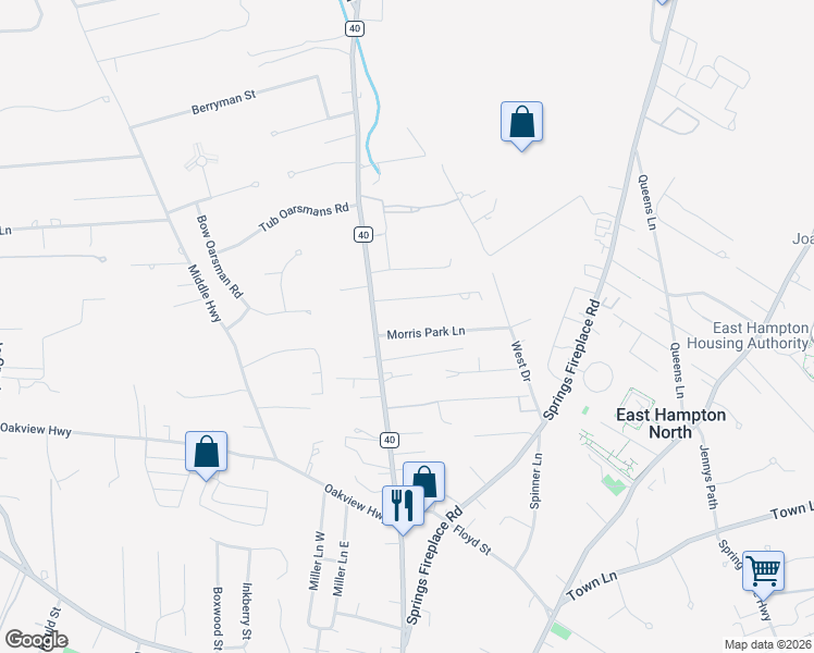map of restaurants, bars, coffee shops, grocery stores, and more near 8 Morris Park Lane in East Hampton