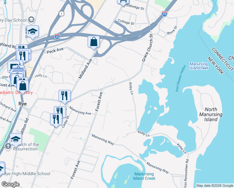 map of restaurants, bars, coffee shops, grocery stores, and more near 286 Grace Church Street in Rye