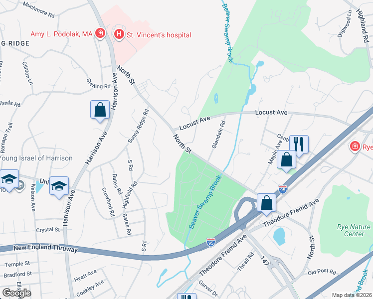 map of restaurants, bars, coffee shops, grocery stores, and more near 56 North Street in Harrison