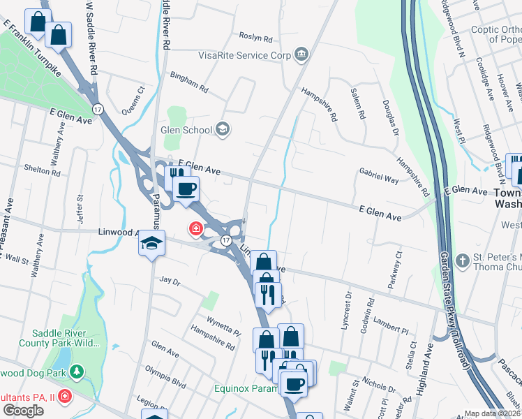 map of restaurants, bars, coffee shops, grocery stores, and more near 10 Theyken Place in Ridgewood