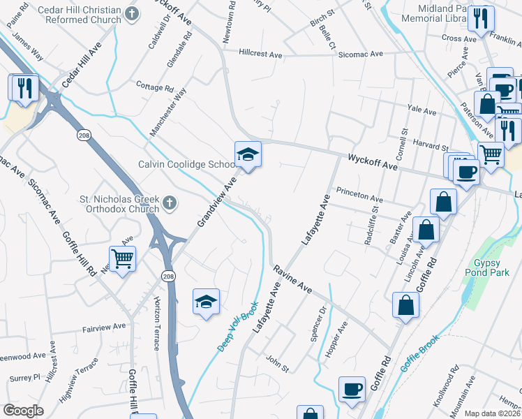 map of restaurants, bars, coffee shops, grocery stores, and more near 130 Ravine Avenue in Wyckoff