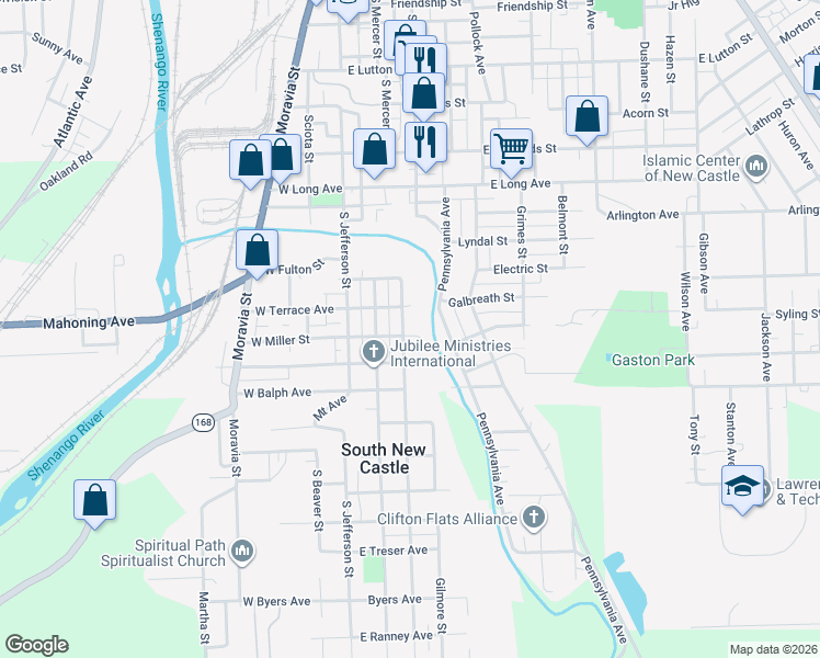 map of restaurants, bars, coffee shops, grocery stores, and more near 1614 Morris Street in New Castle
