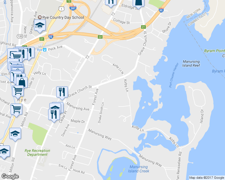 map of restaurants, bars, coffee shops, grocery stores, and more near 286 Grace Church Street in Rye