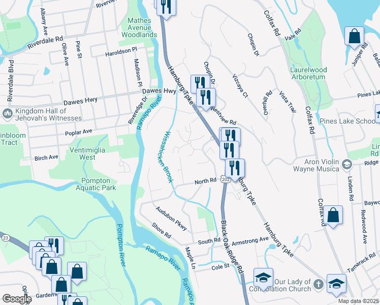 map of restaurants, bars, coffee shops, grocery stores, and more near 169 Leisure Lane in Wayne