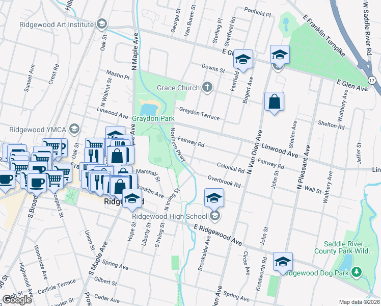 map of restaurants, bars, coffee shops, grocery stores, and more near 397 Colonial Road in Ridgewood