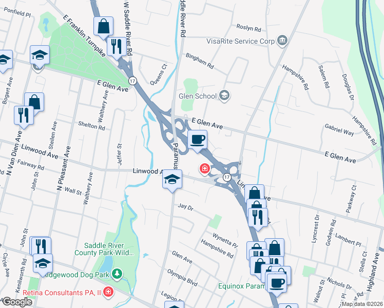 map of restaurants, bars, coffee shops, grocery stores, and more near 381 New Jersey 17 in Ridgewood