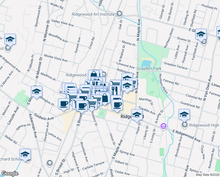 map of restaurants, bars, coffee shops, grocery stores, and more near 80 North Walnut Street in Ridgewood