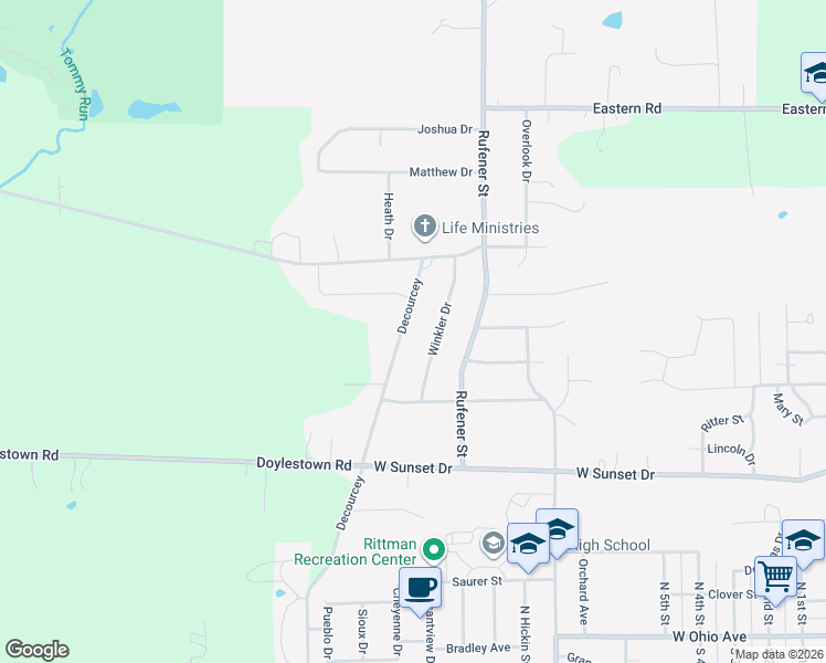 map of restaurants, bars, coffee shops, grocery stores, and more near 306 Decourcey in Rittman