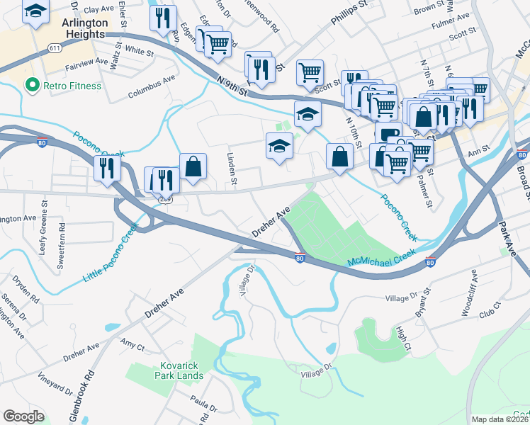 map of restaurants, bars, coffee shops, grocery stores, and more near 9 Fetherman Street in Stroudsburg
