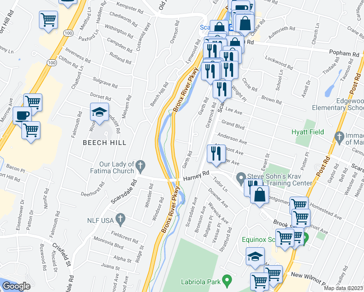 map of restaurants, bars, coffee shops, grocery stores, and more near 281 Garth Road in Scarsdale