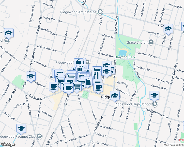 map of restaurants, bars, coffee shops, grocery stores, and more near 80 North Walnut Street in Ridgewood