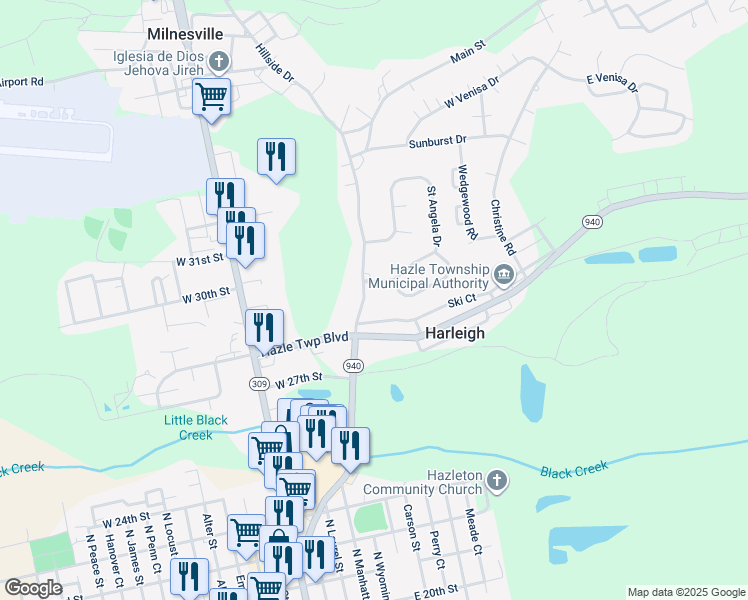 map of restaurants, bars, coffee shops, grocery stores, and more near 614 Hillside Drive in Harleigh