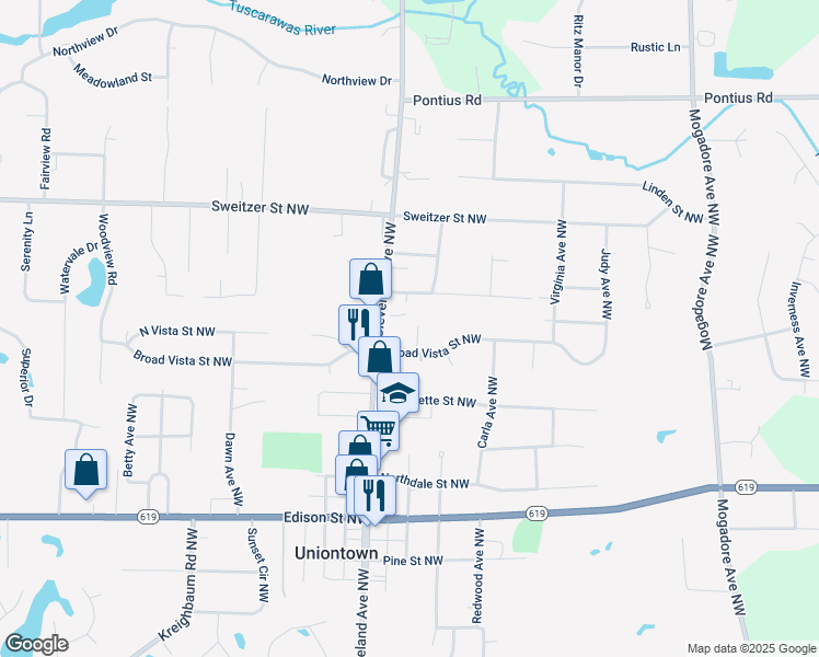map of restaurants, bars, coffee shops, grocery stores, and more near 3409 Broad Vista Street Northwest in Uniontown