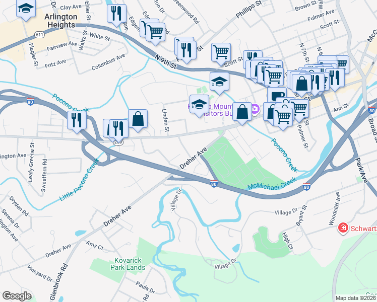 map of restaurants, bars, coffee shops, grocery stores, and more near 9 Fetherman Street in Stroudsburg