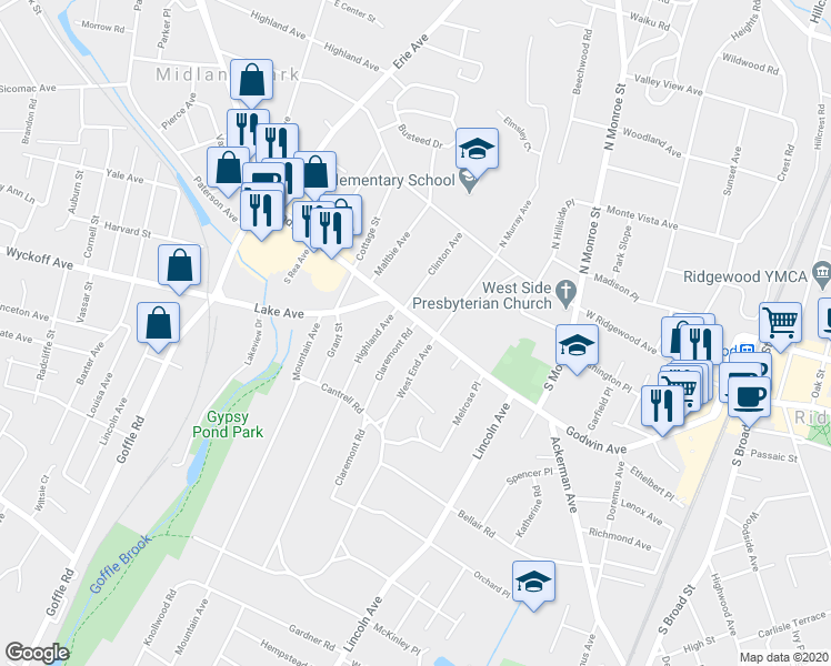map of restaurants, bars, coffee shops, grocery stores, and more near 362 Godwin Avenue in Ridgewood