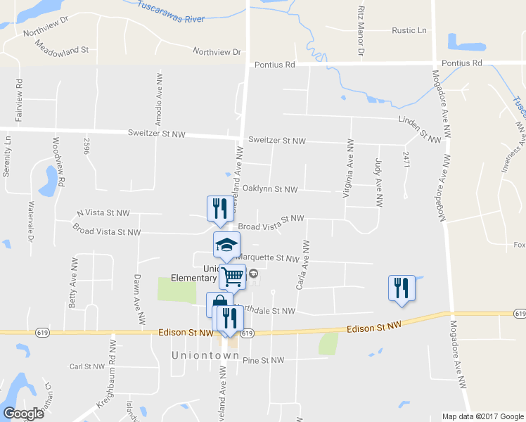 map of restaurants, bars, coffee shops, grocery stores, and more near 3409 Broad Vista Street Northwest in Uniontown