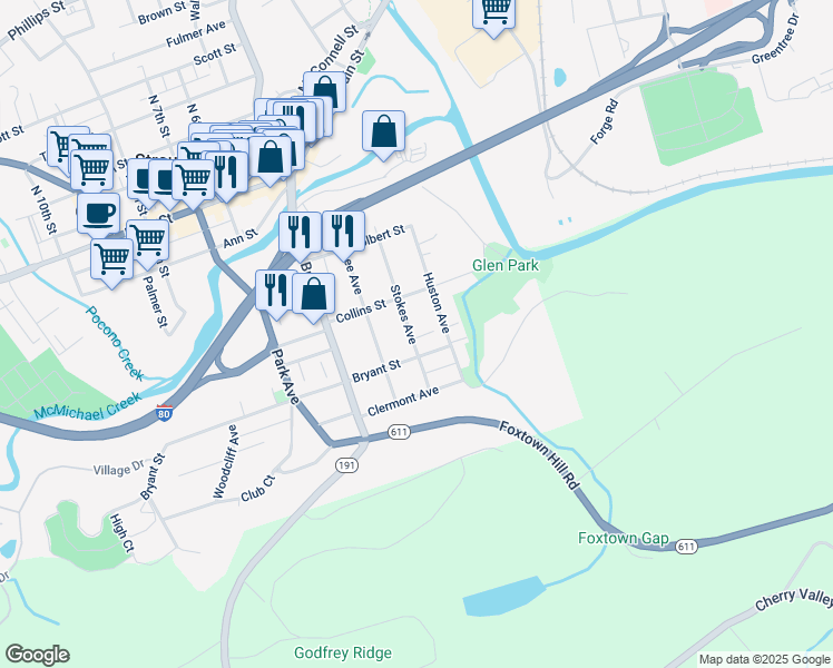 map of restaurants, bars, coffee shops, grocery stores, and more near 238 Stokes Avenue in Stroudsburg