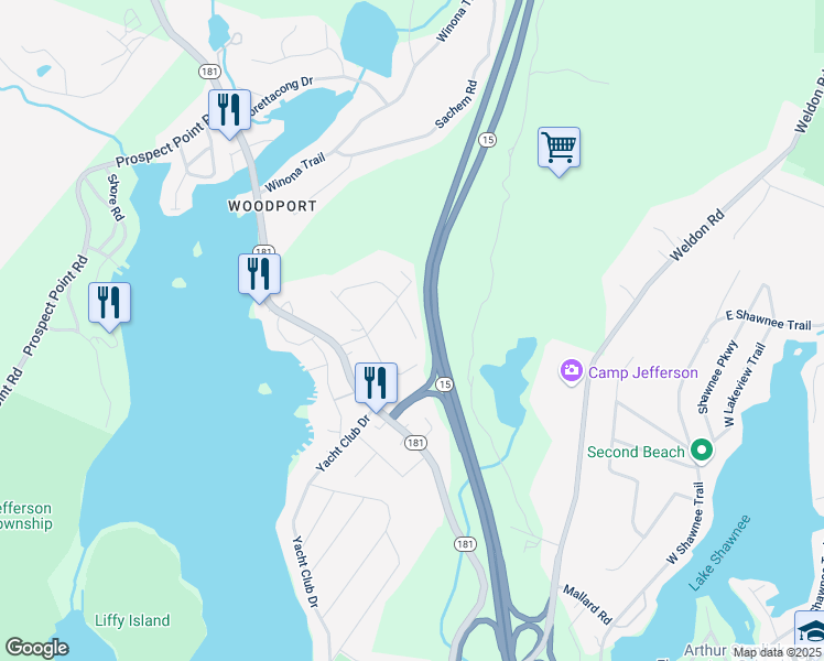 map of restaurants, bars, coffee shops, grocery stores, and more near 10 Pine Street in Jefferson