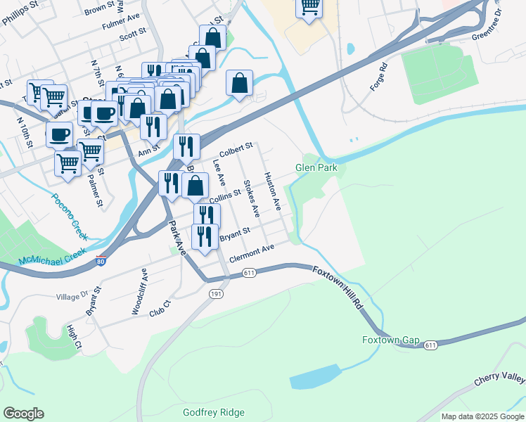 map of restaurants, bars, coffee shops, grocery stores, and more near 238 Stokes Avenue in Stroudsburg