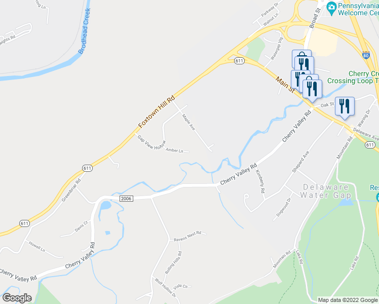 map of restaurants, bars, coffee shops, grocery stores, and more near 216 Amber Lane in Stroudsburg