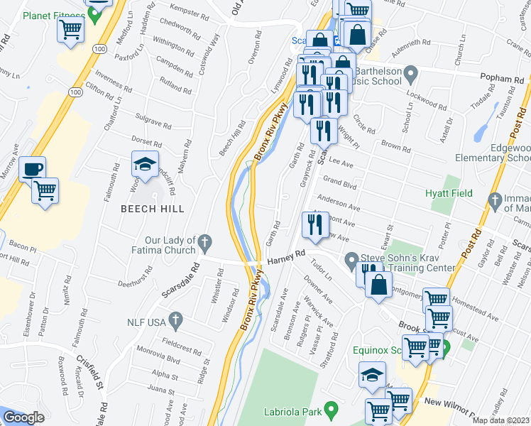 map of restaurants, bars, coffee shops, grocery stores, and more near 281 Garth Road in Scarsdale