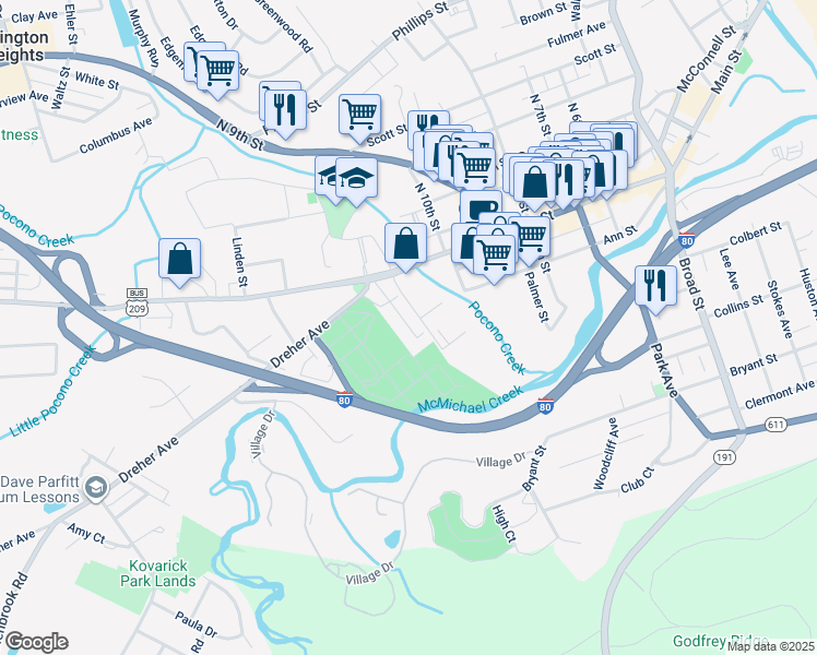 map of restaurants, bars, coffee shops, grocery stores, and more near 128 Ed Christine Drive in Stroudsburg